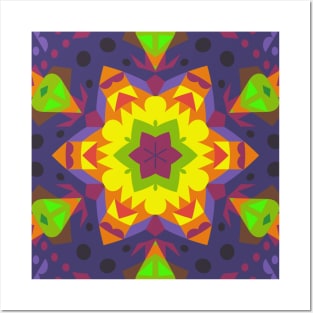 Retro Mandala Flower Yellow Purple and Green Posters and Art